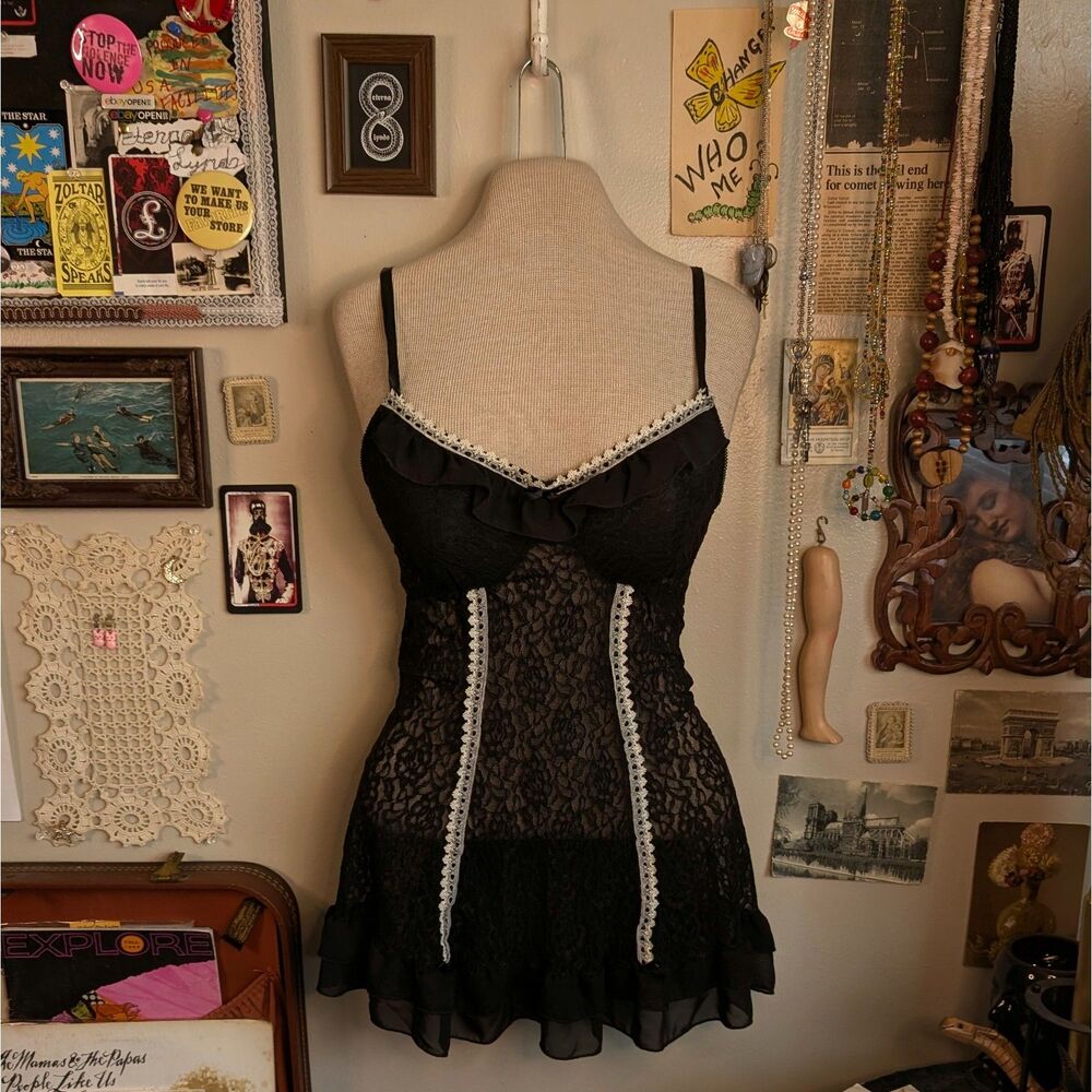 Lace Babydoll Lingerie Cami Dress Women's Large/XL Black